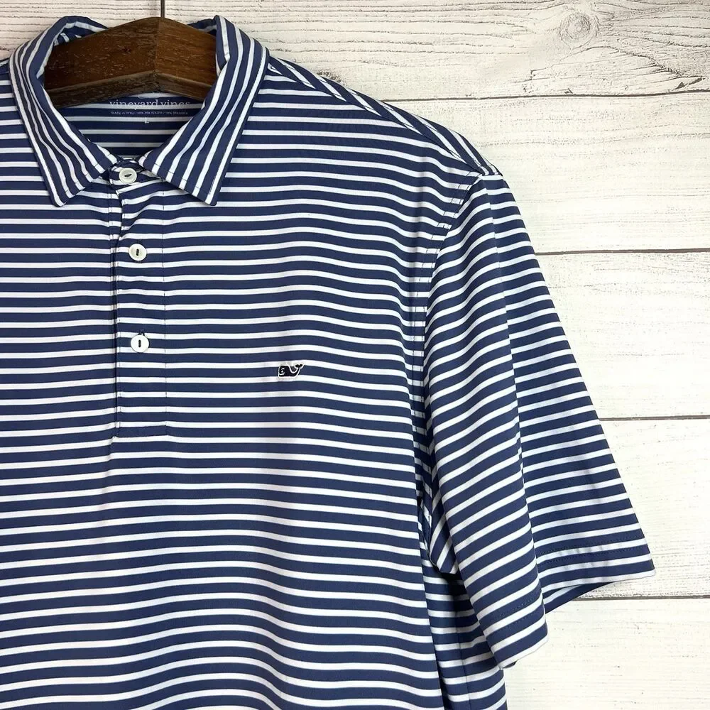 Vineyard Vines Mens Blue White Striped Performance Polo Short Sleeve Size L